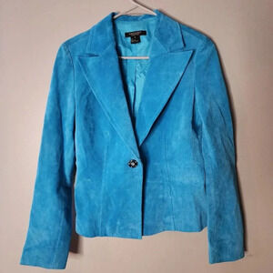 Karen Kane Suede Jacket Blue Turquoise Casual Luxe Rhinestone Buttons Lined Sz S